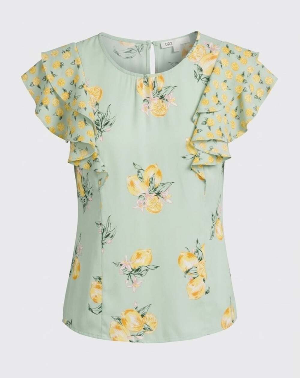 DR2 Women’s Green Lemon Print Ruffle Short Sleeve Blouse Small